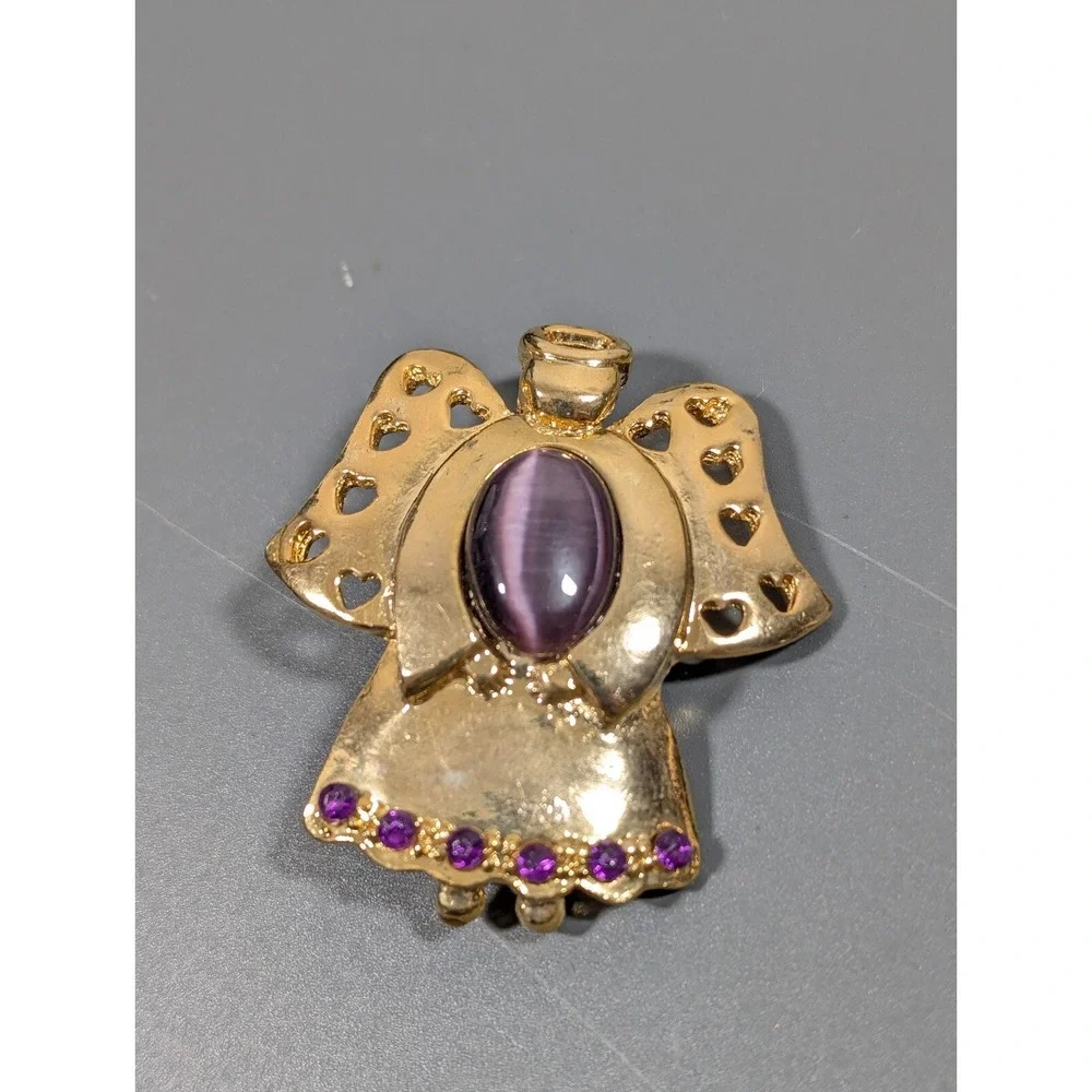 Vintage AAi Christmas Angel Brooch Purple Glass Cats‎ Eye Cabochon Birthstone